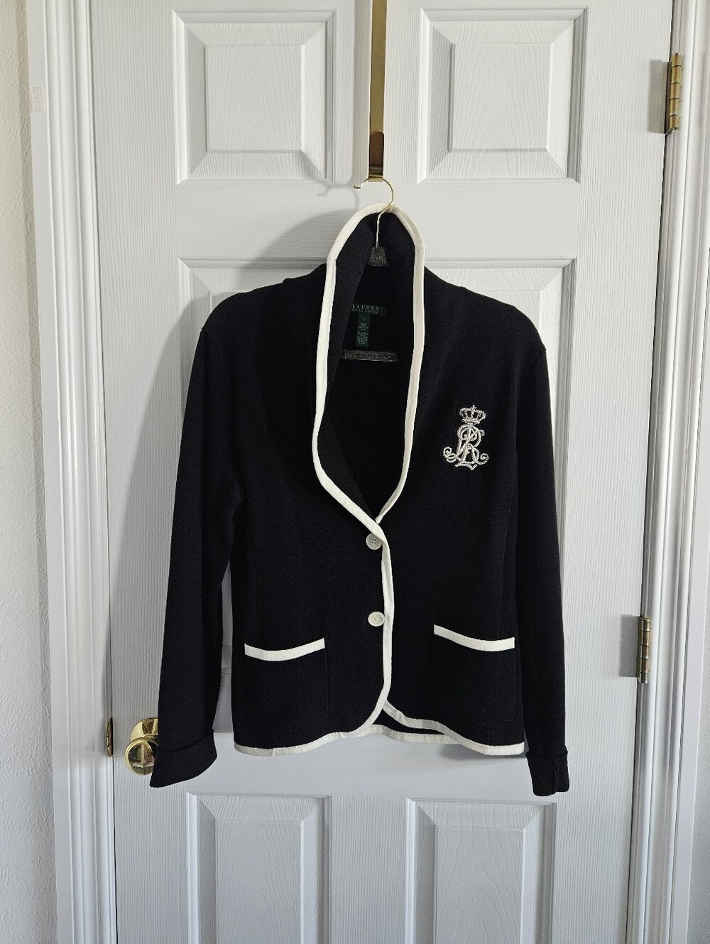 Vintage/Y2K Ralph Lauren Black Knit Blazer With Bullion Logo Crest Patch
